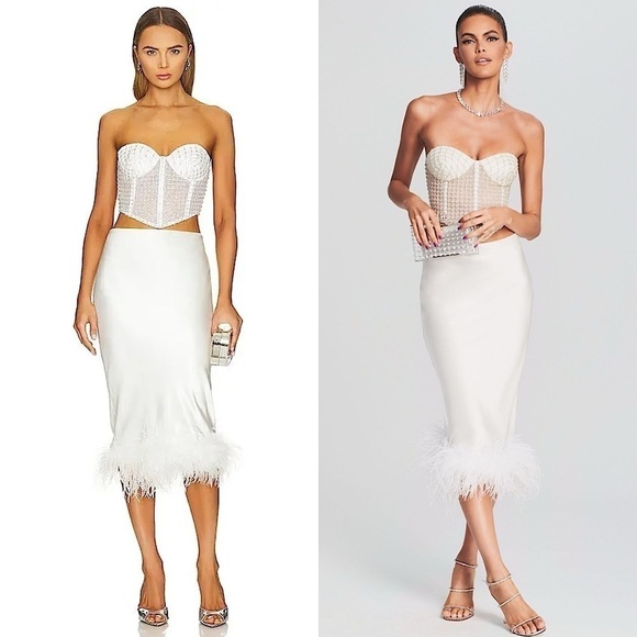 NWT RETROFETE Ivory Satin Genuine Ostrich Feather Trim Hem Midi Pencil Skirt XS - Picture 1 of 12